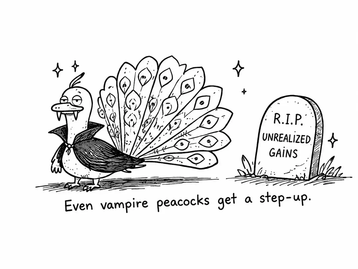 A vampire peacock beside a tombstone for unrealized gains.
